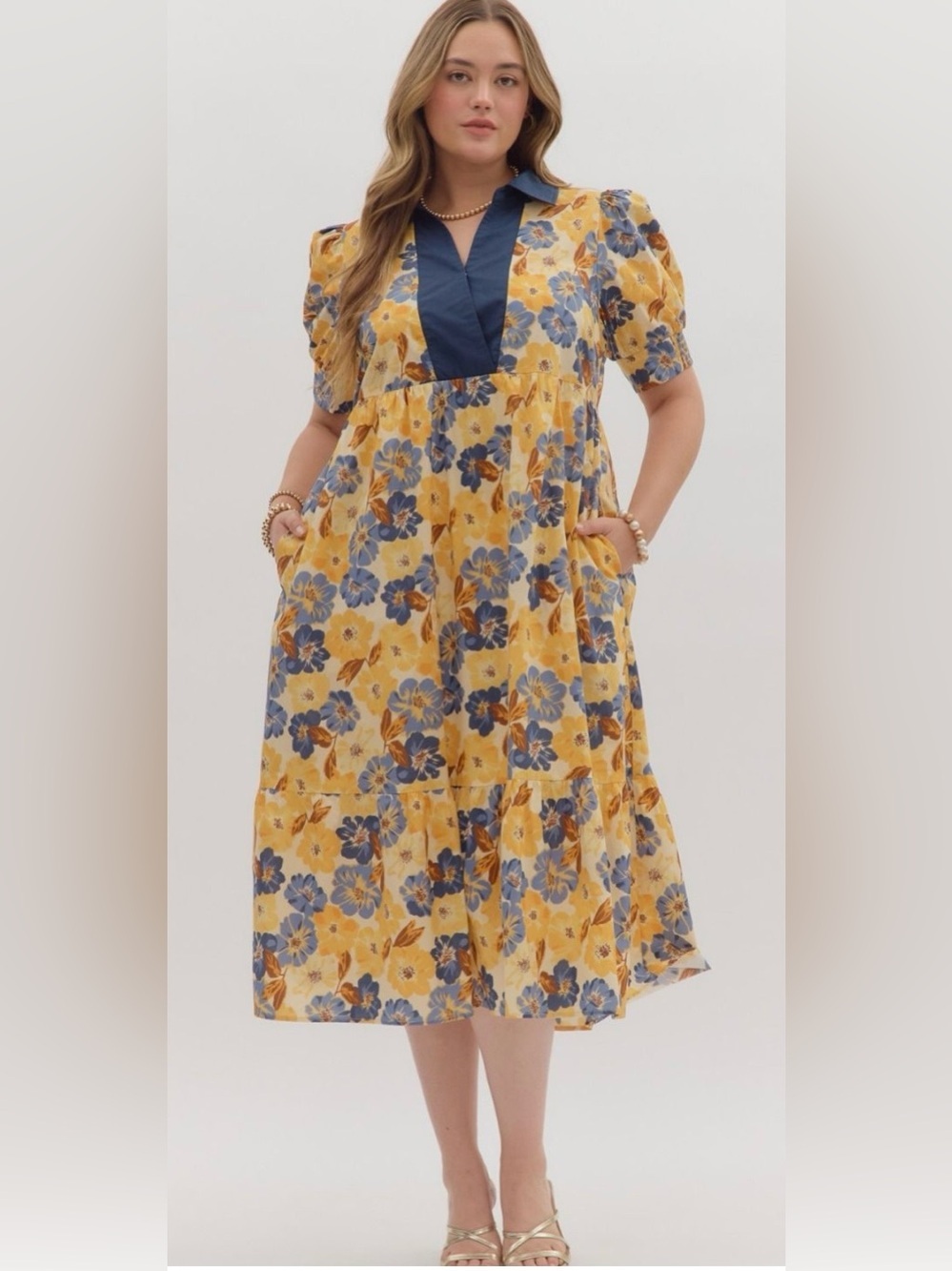 New!Entro Boutique Cotton Yellow Floral Midi Dress Pocket Navy Trim Size 1X